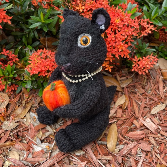 Hand Crafted Other - Hand crafted knit and needle felted Halloween Glamour Puss black cat and pumpkin
